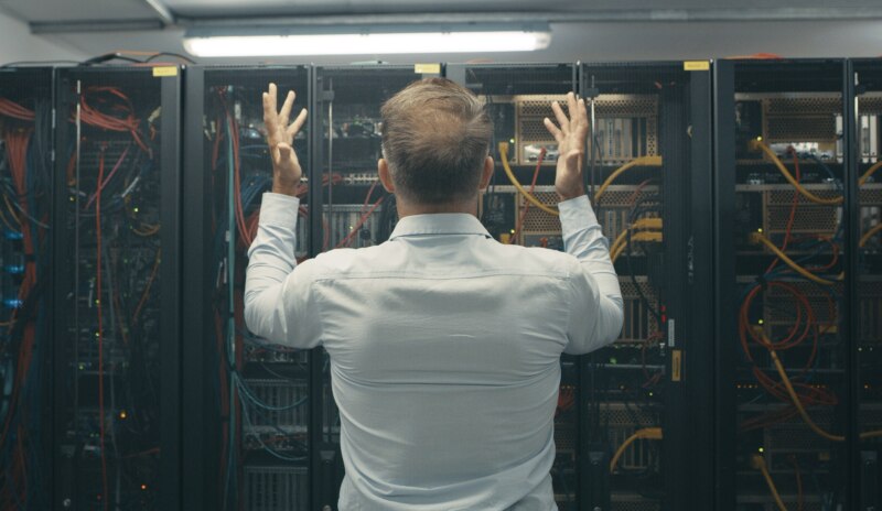 A man alarmed in front of a compute system